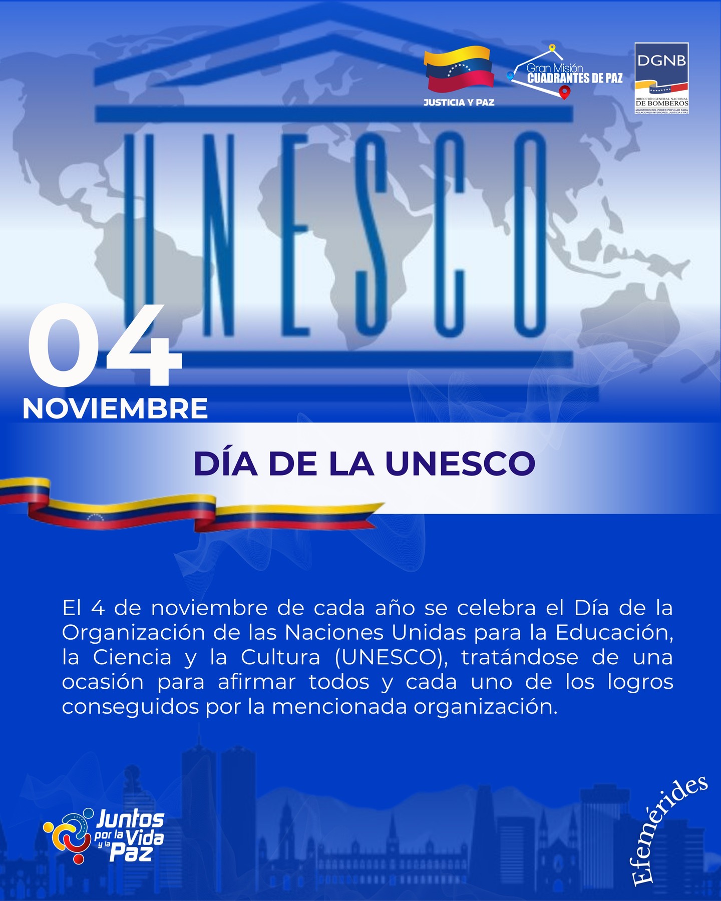 El 4 de noviembre de cada año se celebra el Día de la Organización de las Naciones Unidas para la Educación, la Ciencia y la Cultura (UNESCO)

La visión fundadora de la UNESCO nació en respuesta a la Segunda Guerra Mundial, un suceso histórico marcado por la violencia racista y antisemita. Al finalizar el conflicto armado, los gobiernos de los países europeos que enfrentaron a la Alemania nazi y a sus aliados se reunieron en Inglaterra para establecer una organización de fomento educativo y cultural, contribuyendo en la medida de lo posible a una verdadera cultura de paz mundial. 

Así, en noviembre de 1945 se celebró en Londres una conferencia de las Naciones Unidas. Con el impulso de Francia y Gran Bretaña ―ambos países considerablemente afectados por el conflicto―, la UNESCO entró en funciones el 4 de noviembre de 1946 con el apoyo de 37 Estados. Al final de la conferencia firmaron la Constitución que marcó el origen de la UNESCO. Dicho documento entró en vigor en noviembre de 1946 después de ser ratificado por veinte países.

Respecto a la educación y la ciencia, este organismo asigna particular prioridad a la erradicación del analfabetismo: su principal objetivo es que ningún niño deba permanecer al margen de la educación básica. En cuanto a la materia de comunicación y cultura, la UNESCO promociona la libre circulación de las ideas por medios audiovisuales y fomenta la libertad de prensa, así como la preservación de las entidades culturales. 

En la actualidad, la Organización apoya programas y políticas científicas que son plataformas para el desarrollo y la cooperación.
