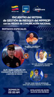 🗓️ ¡ENCUENTRO ESTRATÉGICO CON LOS MEDIOS DE COMUNICACIÓN!
Este jueves 26 de marzo, el Sistema Nacional de Gestión de Riesgo del @mijpvenezuela sostendrá un importante encuentro con los medios de comunicación nacionales para fortalecer la difusión de las políticas de prevención y seguridad en el país.
La actividad contará con la presencia de nuestras máximas autoridades:
🎖️ Almirante Juan Carlos Oti Paituvi, Viceministro de Gestión de Riesgo y Protección Civil.
🎖️ Primer Gral. (B) Dr. Juan Carlos González, Director General Nacional de Bomberos.
🎖️ Presidente del INAMEH y Presidente de FUNVISIS.
📍 Lugar: Salón de Usos Múltiples del INAMEH.
🕘 Hora: 9:00 AM.
Seguimos articulando esfuerzos para mantener a nuestro pueblo informado y protegido.
¡La prevención es tarea de todos! 🇻🇪
#GestiónDeRiesgo #BomberosVenezuela #ProtecciónCivil #INAMEH #FUNVISIS PrevenciónEsVencer